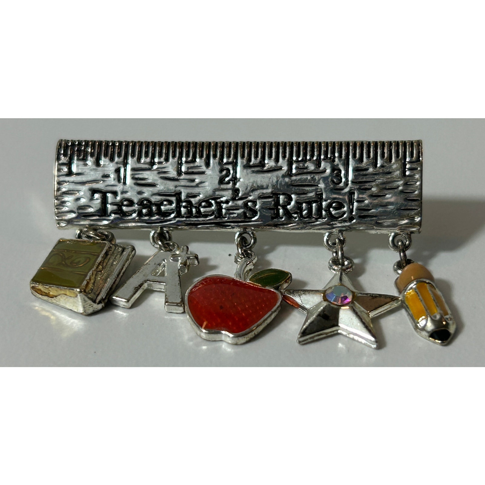 Vintage “Teachers Rule!” Ruler Brooch With Dangling School Charms 2″ Wide